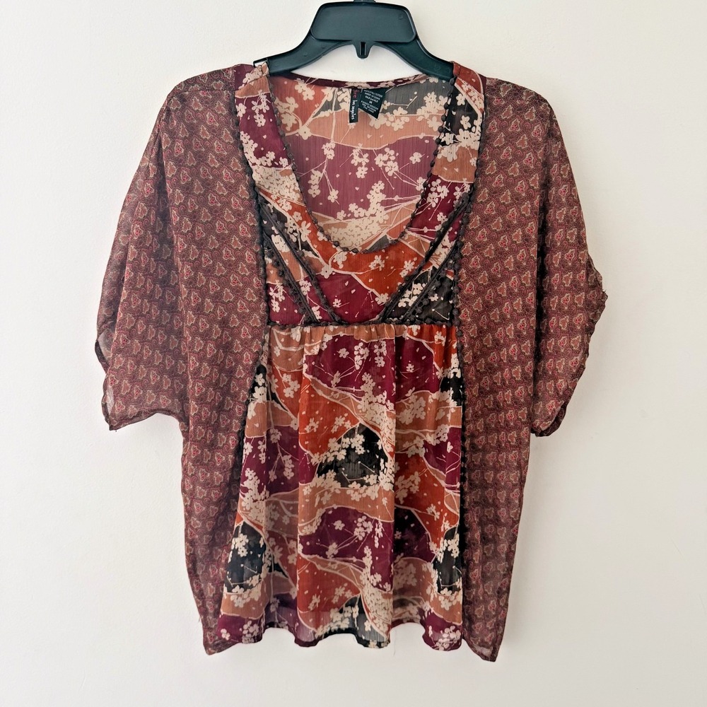 Y2K Sheer Patchwork Top Womens M Boho Fairy Grunge Layering‎ Mixed Print Boxy
